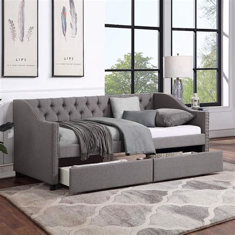 ATY Twin Size <strong>Daybed</strong> with 2 Drawers, Upholstered Bedframes w/Storage and Slat Support, Tufted Sofa Bed Perfect for Bedroom, Gray. . Amazon daybed